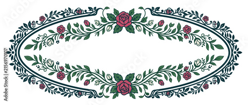 Elegant Oval Floral Border with Roses and Leaves, Isolated