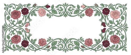 Floral Border with Roses and Leaves, Ornate Decorative Frame, Isolated