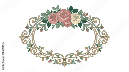 Elegant Oval Floral Frame with Roses and Swirls, Isolated