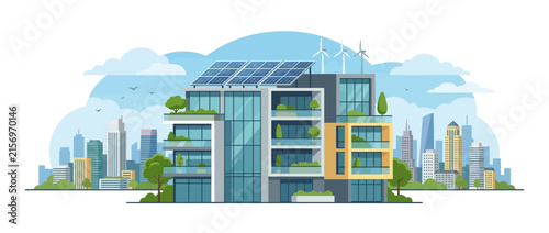 Modern Eco Building with Solar Panels and Wind Turbines in City