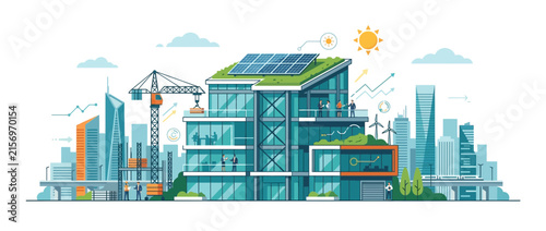 Green Cityscape with Eco-Friendly Modern Building, Solar Panels, Wind Turbines