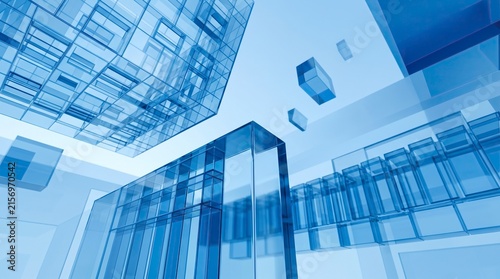 Abstract blue glass architecture background with geometric transparent structures and light.