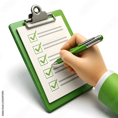 Green Checklist on Clipboard With Hand Checking Tasks Using Pen for Business Productivity Planning and Task Management