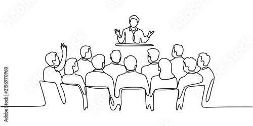Continuous One Line Drawing of Residents Attending Community Town Hall Discussion