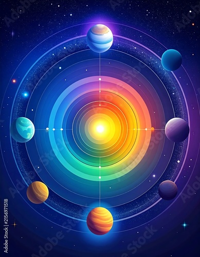 Vibrant solar system with planets and asteroid belt.