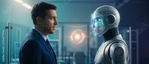  Businessman and Humanoid Robot in Futuristic Office — A Confident Man in a Sharp Navy Blue Suit Faces a Sleek Humanoid Robot with a Glowing Digital Face Interface; Cool Blue Lighting and a High‑Tech 