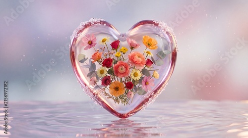 A delicate heart-shaped glass container filled with colorful flowers floats on rippling water