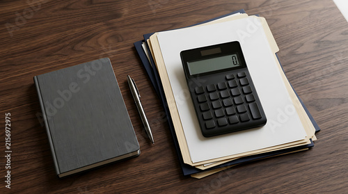 Black calculator and documents on office desk with wooden texture