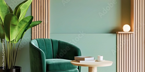 Minimal green living room corner with armchair and slatted wall panels, stylish interior background for decor branding and product display.

