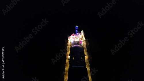 High Angle Night Footage of Illuminated Buildings and Roads with Traffic at Best Tourist Attraction Destination of England at Bournemouth City with Sandy Beach and Ocean of Great Britain, 