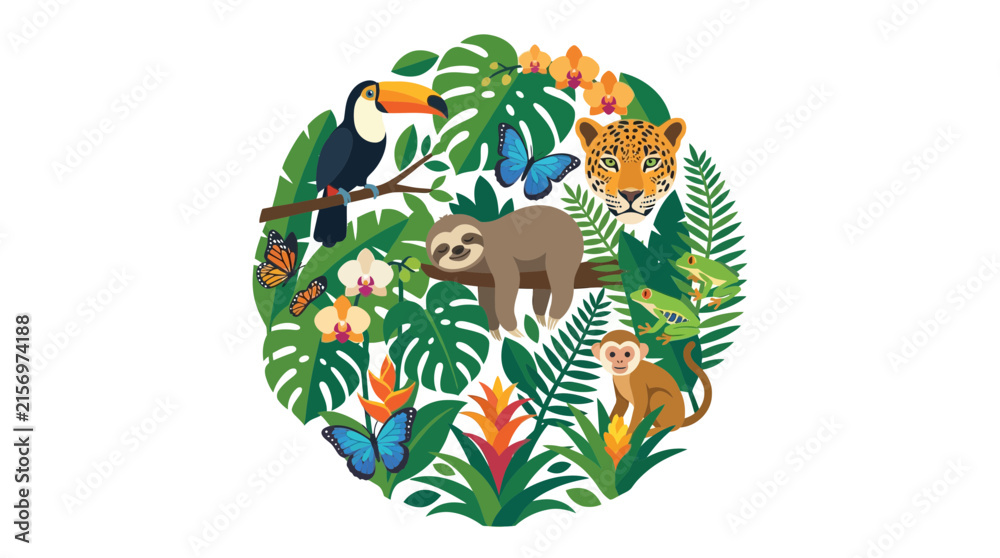 Naklejka premium Amazon Rainforest Animals and Plants Circle Design, Tropical Wildlife Illustration