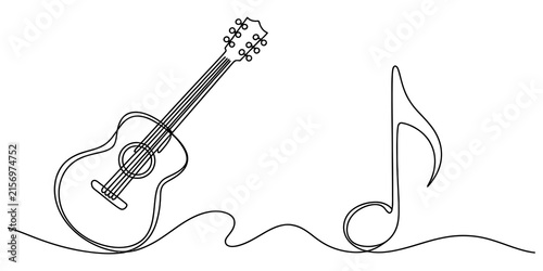 Bild auf Leinwand Acoustic guitar and music note drawn with a continuous single black line on a pl