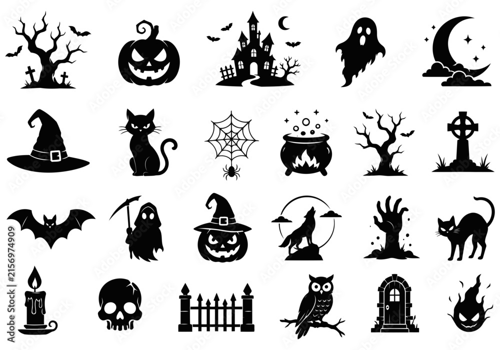 Fototapeta premium Halloween silhouette icon vector set featuring spooky pumpkin, witch hat, wolf, ghost, bat, skull, black cat, and haunted house, isolated on white background.