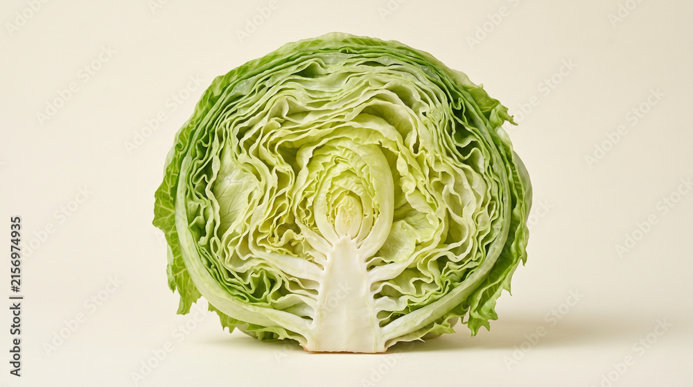 Obraz premium Fresh Iceberg Lettuce Head Cut in Half Showing Crisp Inner Cross Section on Neutral Background