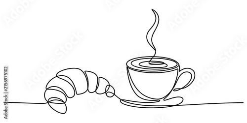 Konstfotografi Continuous single line drawing of a hot coffee cup and a fresh croissant pastry