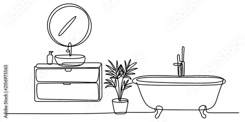 Continuous single line drawing of a modern bathroom interior with a bathtub sink mirror and a potted plant