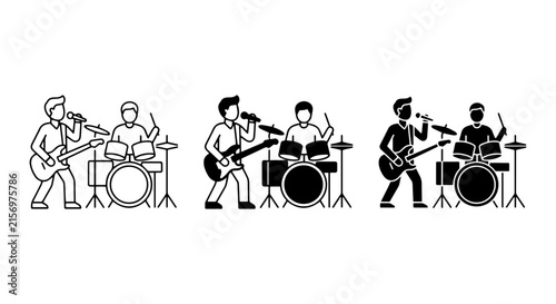 Rock Band Trio Vector Icons, Musicians Playing Guitar and Drums, Performance Graphics