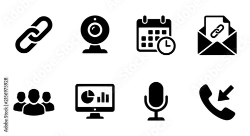 Business Communication Icons: Link, Webcam, Calendar, Email, Team, Analytics, Microphone, Call