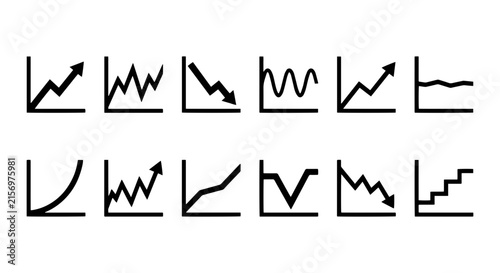 Diverse Financial Data Charts, Business Growth & Decline Graphs, Stock Market Trends, Vector Icons