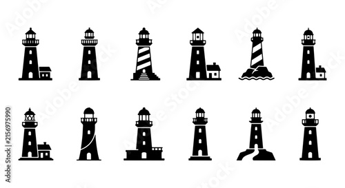 Set of 12 Black and White Lighthouse Icons, Nautical Navigation Beacons, Coastal Landmark Symbols