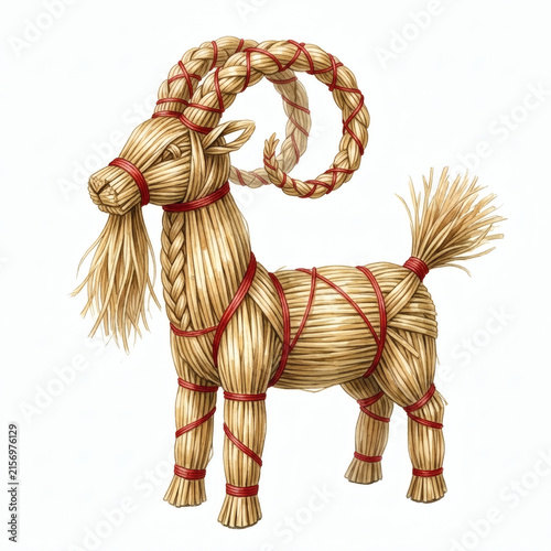 Traditional Scandinavian Yule Goat Julbock Made of Straw with Red Ribbon Isolated on White Background