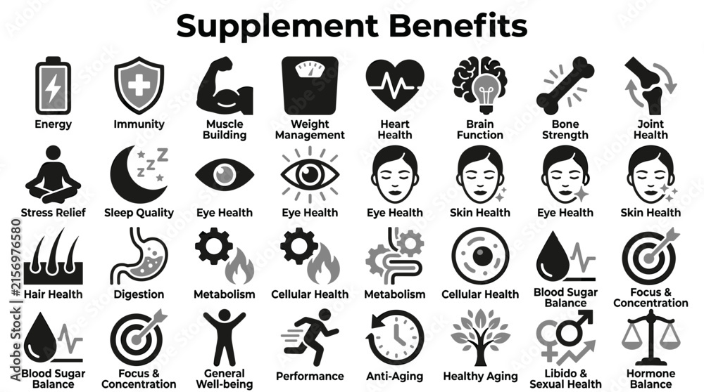 Fototapeta premium Set of supplement benefits icons representing health wellness and fitness concepts isolated on white background