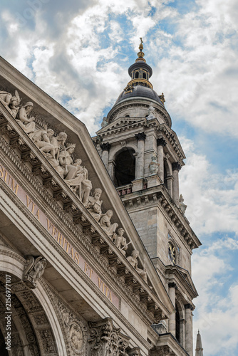 Photography Angled view of the bell tower, dome, and pediment relief of Saint Stephen's Basi