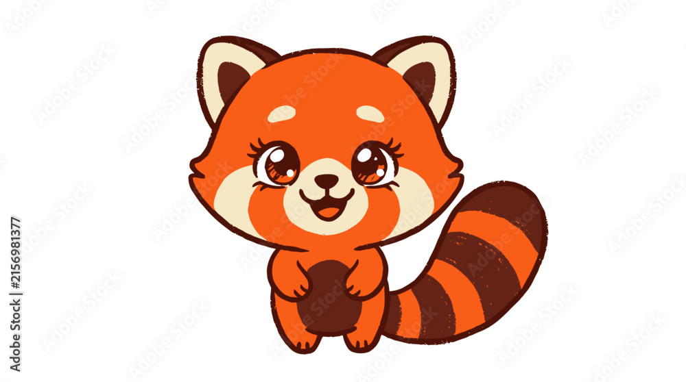 Fototapeta premium Cute red panda cartoon character with striped tail and happy smiling face illustration
