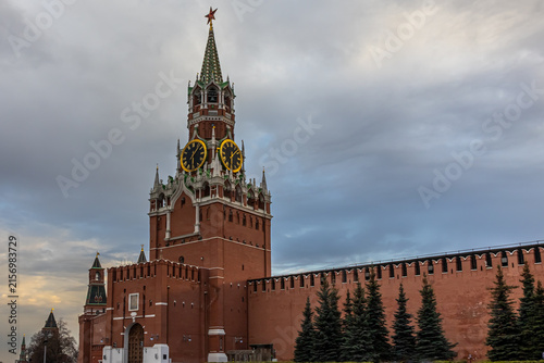 Spasskaya Tower on Red Square. The Spasskaya tower with chimes. The Moscow Kremlin and historical buildings. Cultural heritage of Russia