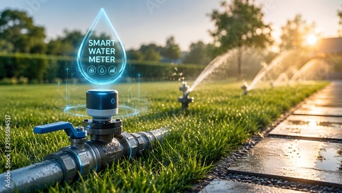 Smart water meter with glowing holographic display on a garden pipe. Concept of automated irrigation and internet of things water conservation.
