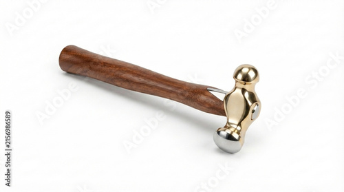 Ball peen hammer with brass and steel head and wooden handle, metalworking hand tool, isolated on white background