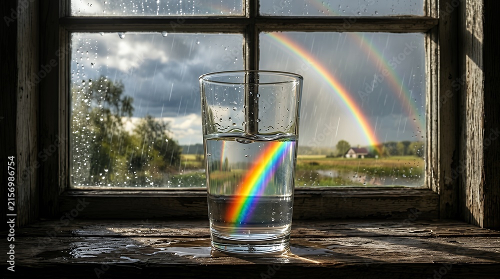 Fototapeta premium Clear glass of water on a rustic wooden windowsill with a double rainbow and rain on the window pane