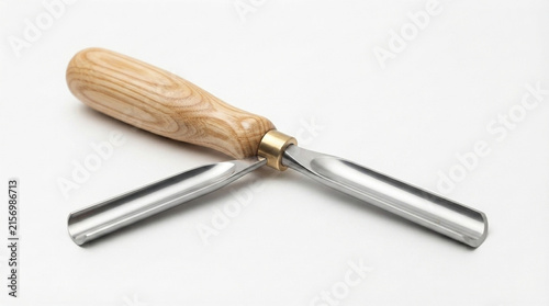 Woodturning gouge with steel blade, brass ferrule and wooden handle, wood carving lathe tool, isolated on white background