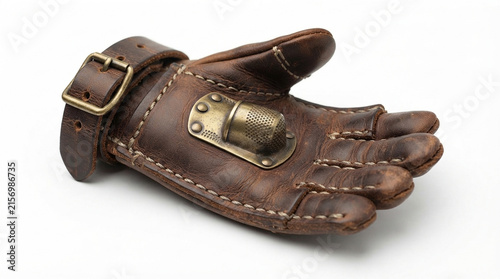 Leather sewing glove with brass thimble and buckle strap, handcrafted stitching gauntlet, isolated on white background