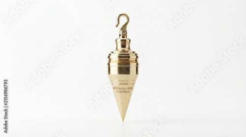 Brass plumb bob with hook and pointed tip, precision surveying weight, isolated on white background