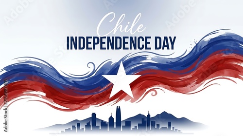 Chile independence day celebration banner with watercolor flag and santiago city skyline silhouette