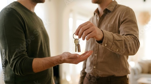 Man handing over house keys to another man in a bright room