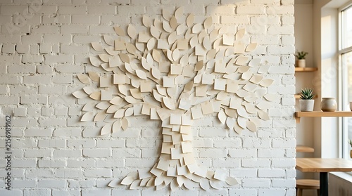 Creative Tree Wall Decor Made of Paper Notes on White Brick Wall Background in a Modern Office Space