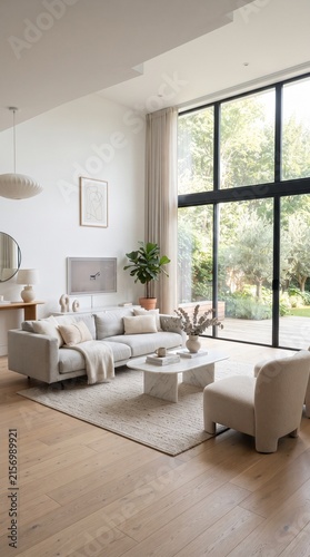 Modern minimalist living room with neutral furniture and large windows showcasing bright natural light