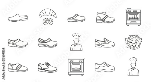 Chef footwear and industrial kitchen appliance icon set