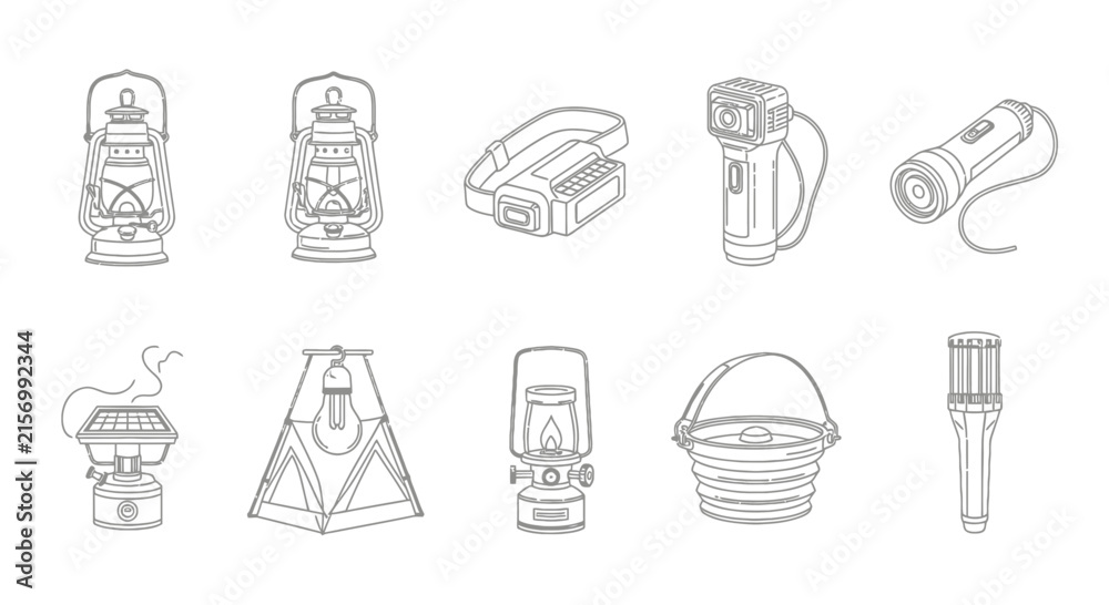 Fototapeta premium Portable outdoor lighting and lantern icons.