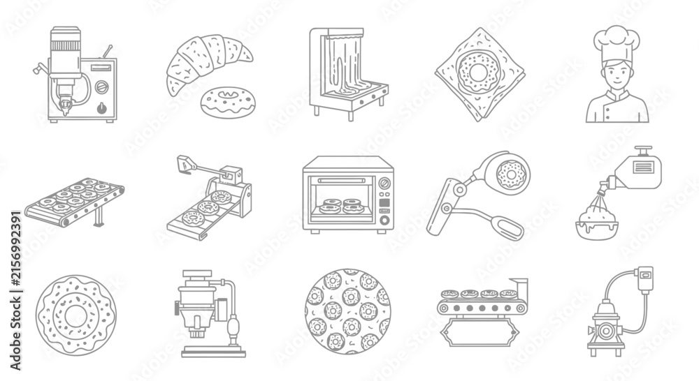 Fototapeta premium Professional bakery equipment and chef line icon set