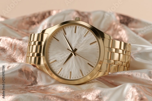 Elegant gold tone wristwatch with minimalist dial on textured fabric background