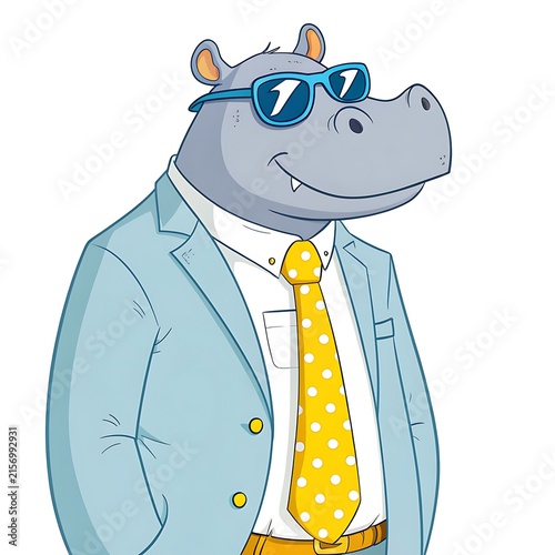 Cartoon hippo in suit and sunglasses smiling
