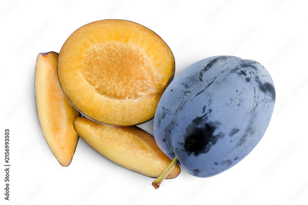 Fototapeta premium fresh blue plum with slices isolated on white background. Top view. Flat lay