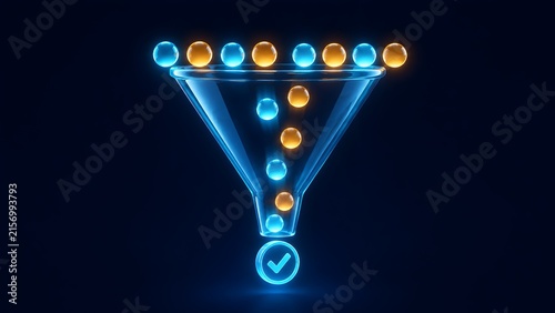 Glowing digital funnel filtering spheres representing automated lead qualification and conversion process