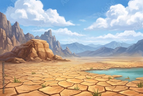Arid Desert Landscape with Cracked Dry Ground Oasis and Rocky Mountains Illustration
