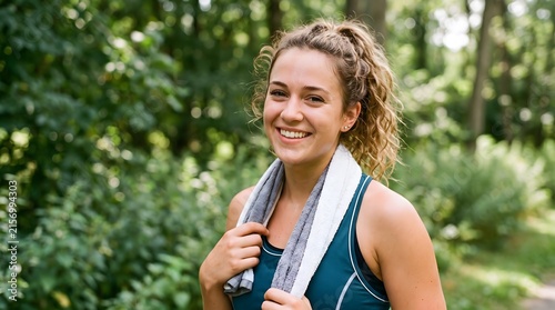 Close up portrait of cheerful sporty woman with towel outdoor in green park