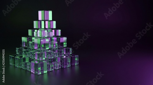 Abstract 3D Crystal Cube Pyramid with Neon Purple and Green Light Reflection

