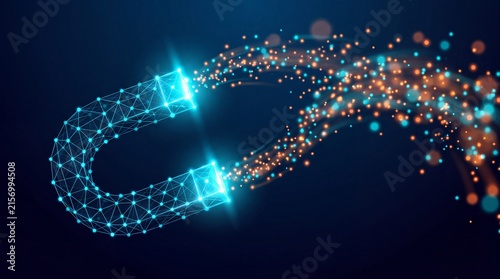 Glowing Digital Wireframe Magnet Attracting Data Particles Abstract Technology Concept
